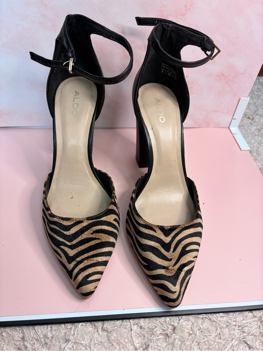 ALDO Black Ankle-Strap Pumps with Tan Zebra Print